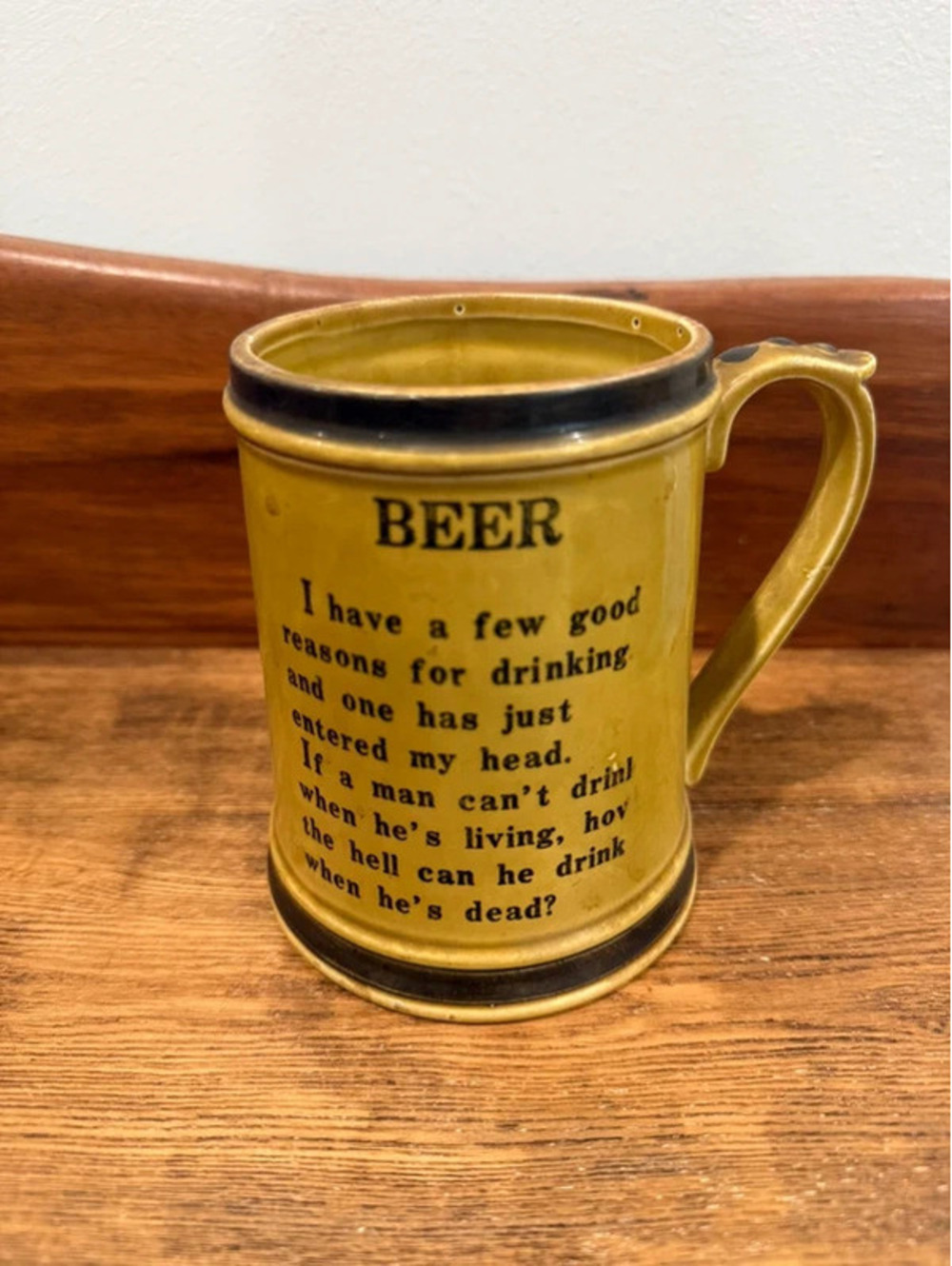 Vintage Ceramic Beer Mug Tankard, Funny Saying, Mustard Yellow Glaze